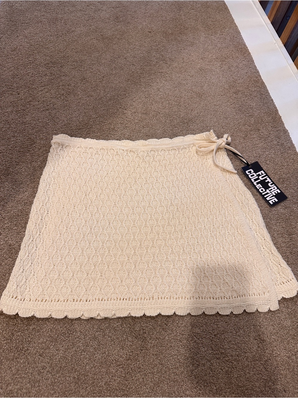 Cream Crochet Mini Skirt with Tie Waist
